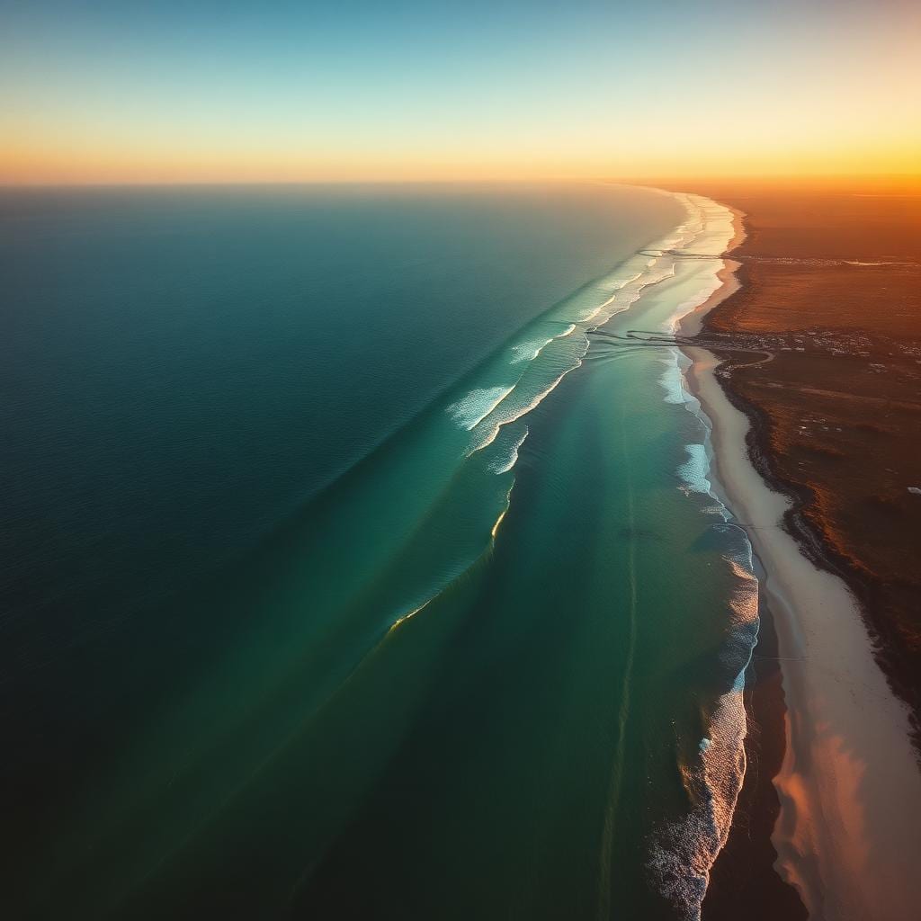 Aerial view of the Australian coastline at golden hour