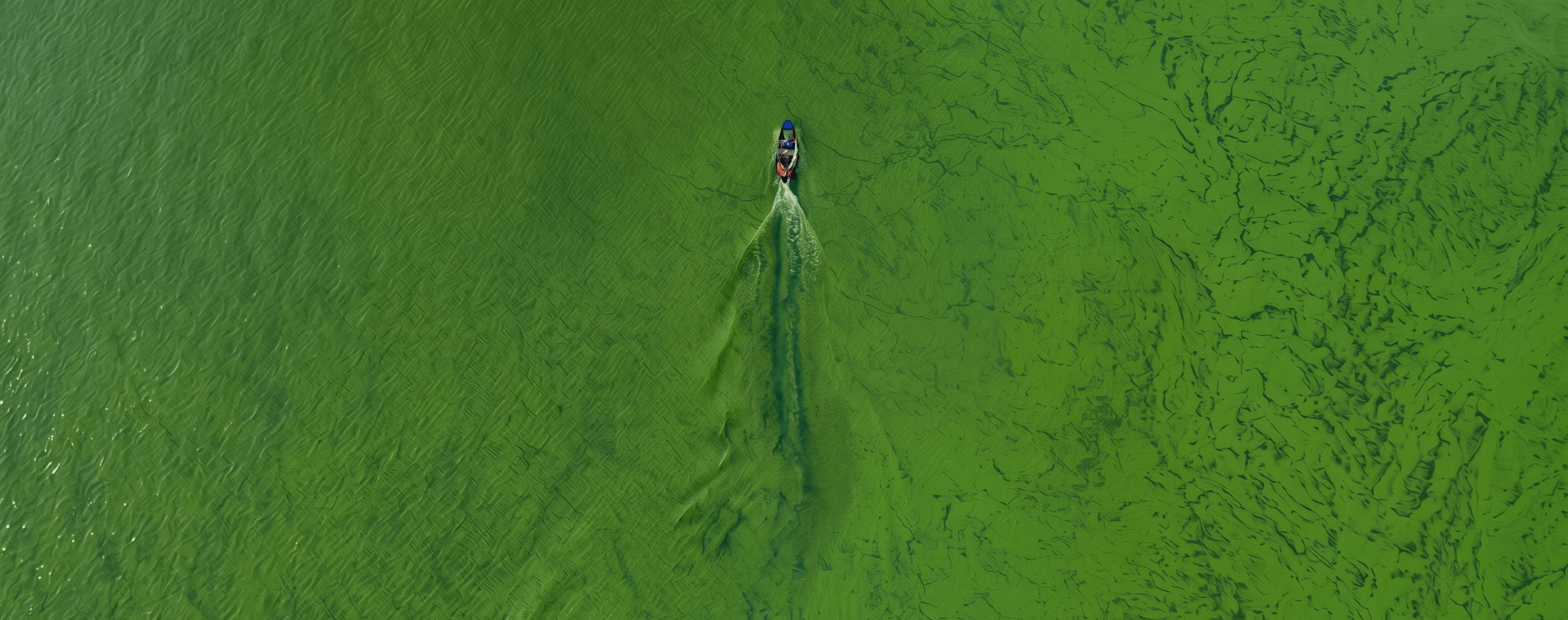 Bird's-eye view of a small boat cutting a long wake through vast emerald green water